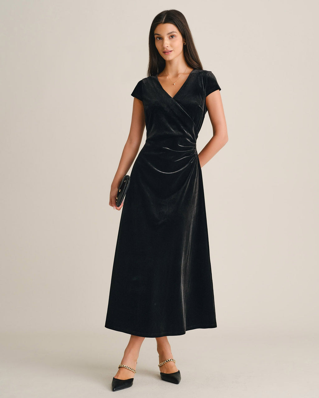 Velvet Wrap Maxi Dress with V Neck and Cap Sleeves - Black