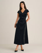Velvet Wrap Maxi Dress with V Neck and Cap Sleeves - Black