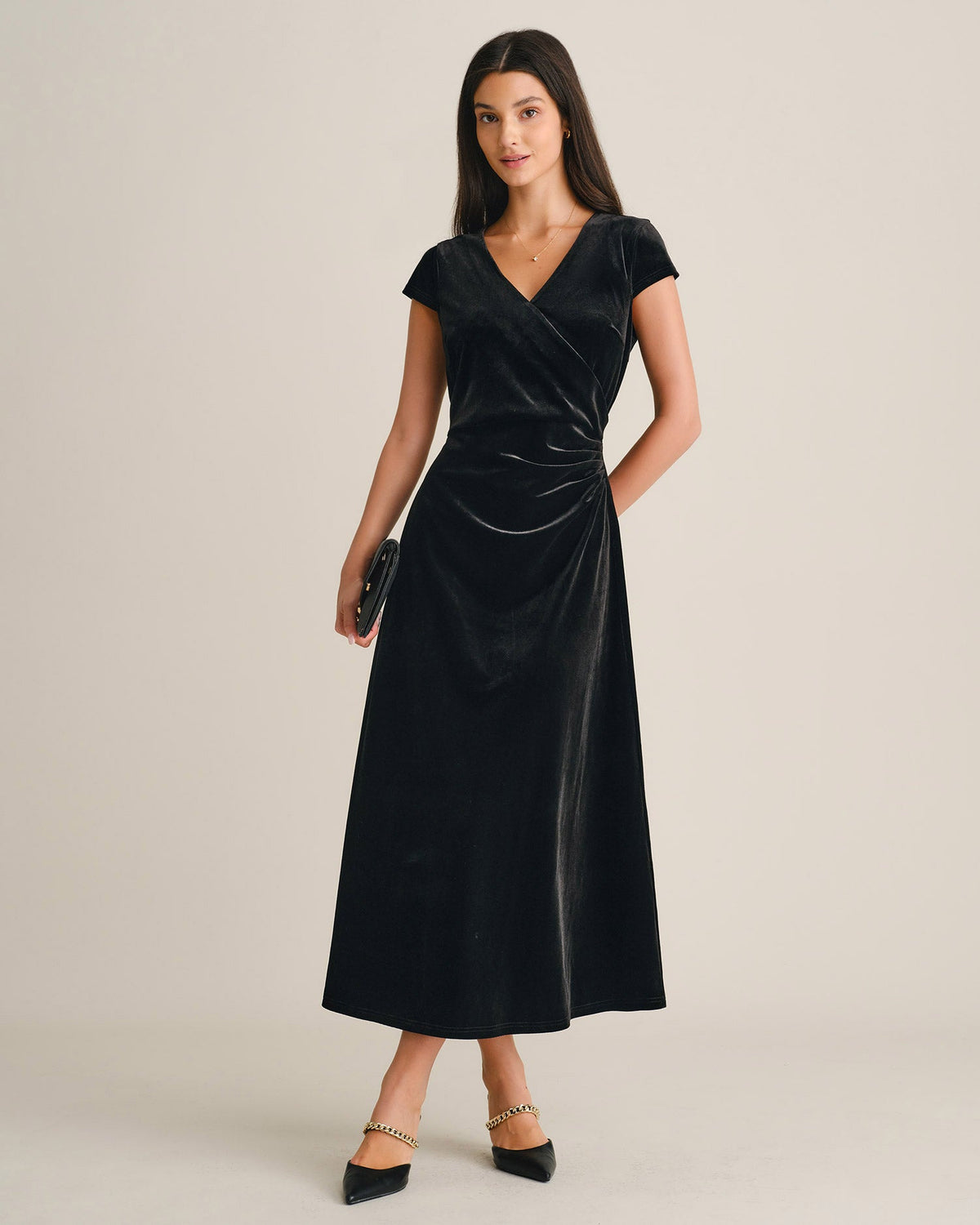 Velvet Wrap Maxi Dress with V Neck and Cap Sleeves - Black