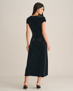 Velvet Wrap Maxi Dress with V Neck and Cap Sleeves - Black