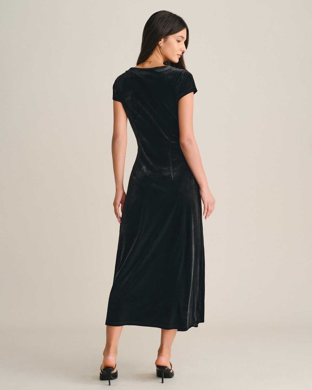 Velvet Wrap Maxi Dress with V Neck and Cap Sleeves - Black