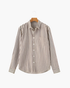 Vertical Stripe Shirt with Long Sleeves and Structured Collar - Brown