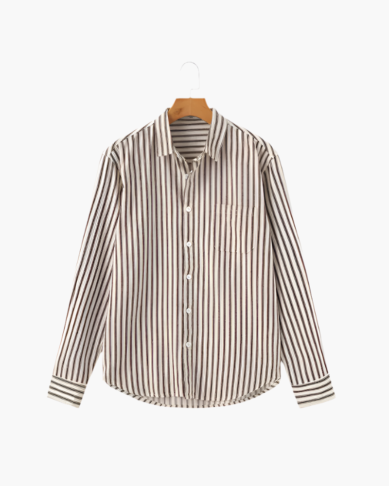 Vertical Stripe Shirt with Long Sleeves and Structured Collar - Brown