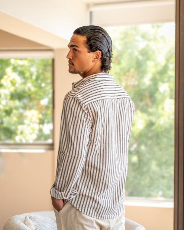 Vertical Stripe Shirt with Long Sleeves and Structured Collar