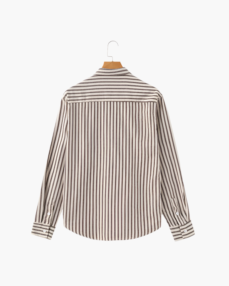 Vertical Stripe Shirt with Long Sleeves and Structured Collar