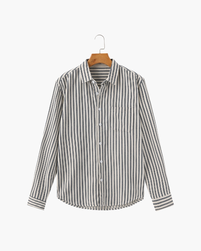 Vertical Stripe Shirt with Long Sleeves and Structured Collar - Blue