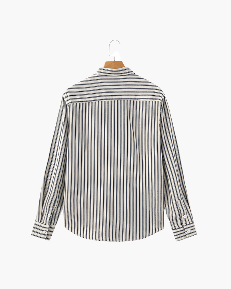 Vertical Stripe Shirt with Long Sleeves and Structured Collar
