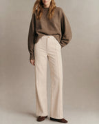 Wide Leg Corduroy Look Trousers with Pressed Front Crease - Apricot