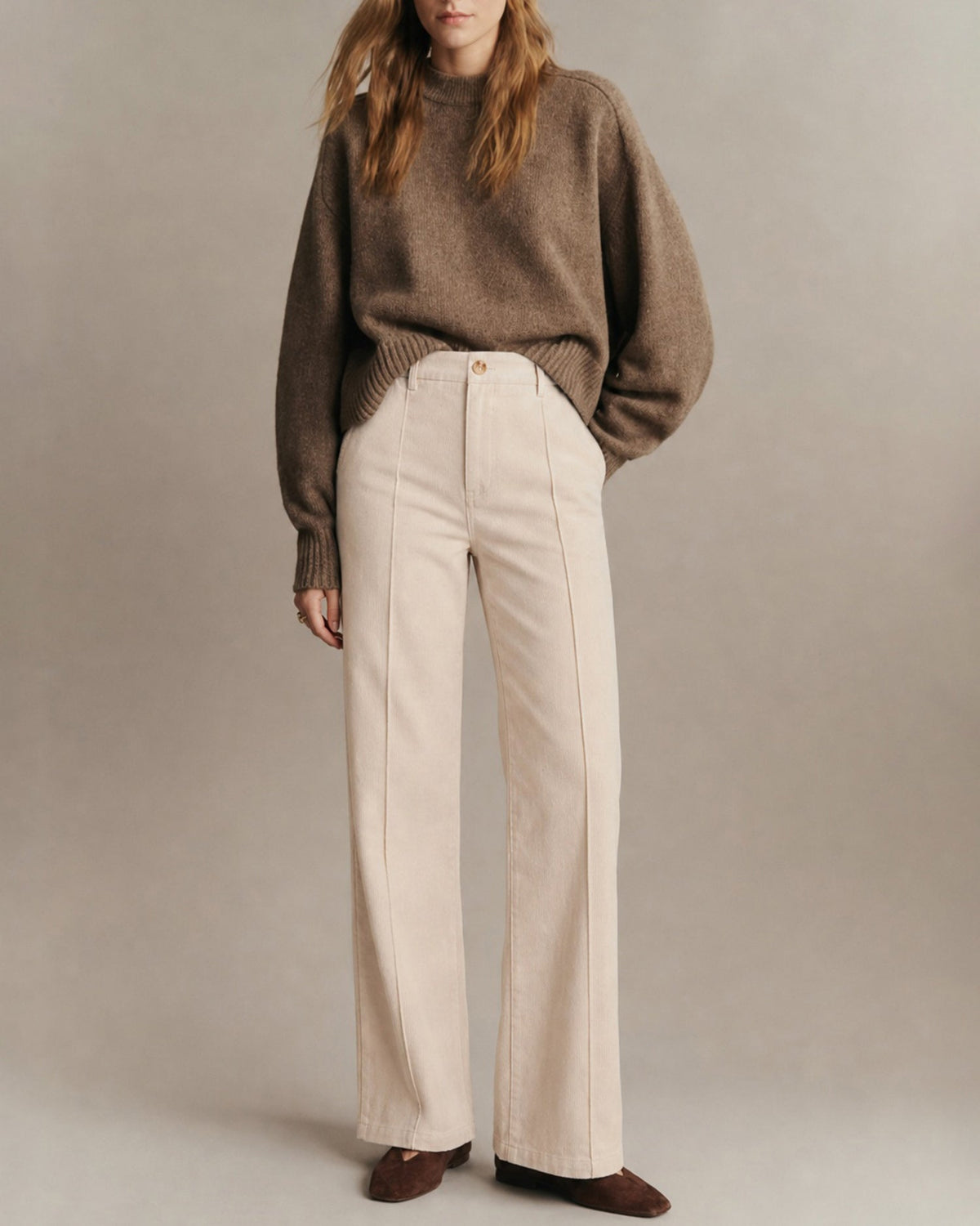 Wide Leg Corduroy Look Trousers with Pressed Front Crease - Apricot