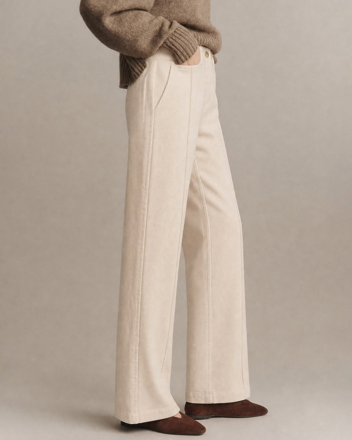 Wide Leg Corduroy Look Trousers with Pressed Front Crease - Apricot