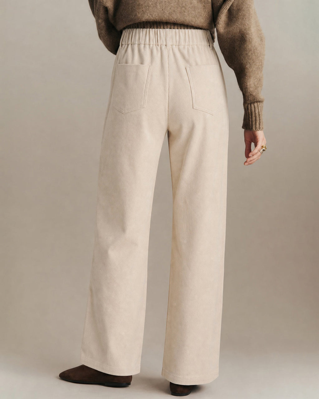 Wide Leg Corduroy Look Trousers with Pressed Front Crease - Apricot