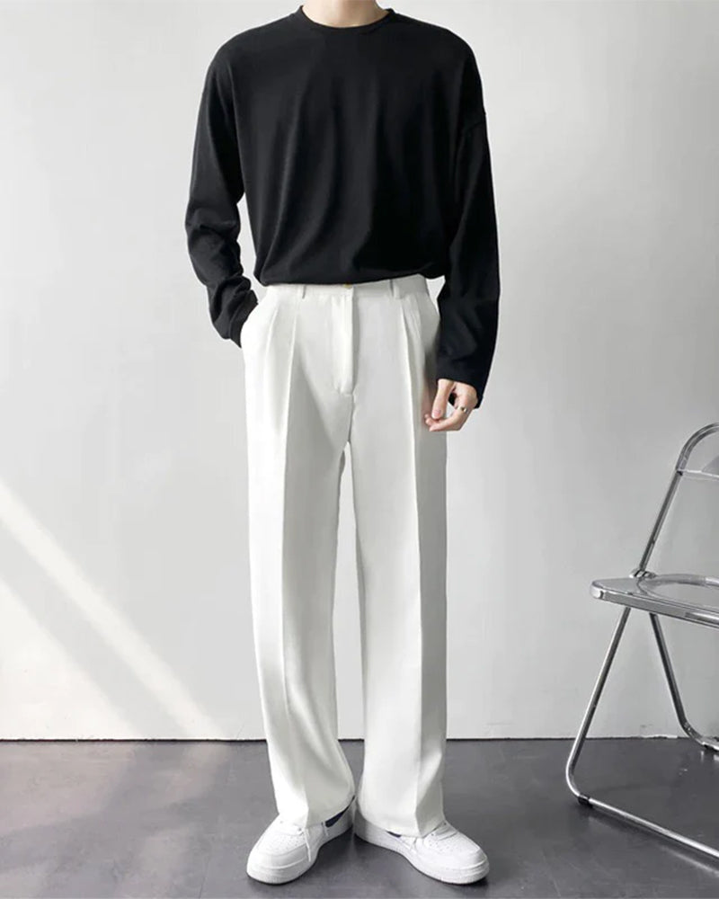 Wide Leg Pleated Trousers with Elasticated Waist - White