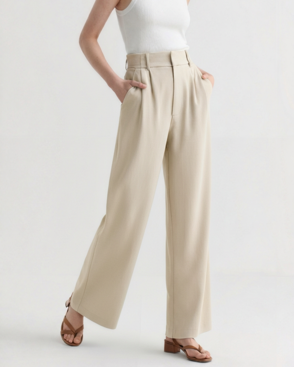 Wide Leg Tailored Trousers with Pleated Front - Beige