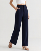 Wide Leg Tailored Trousers with Pleated Front - Navy