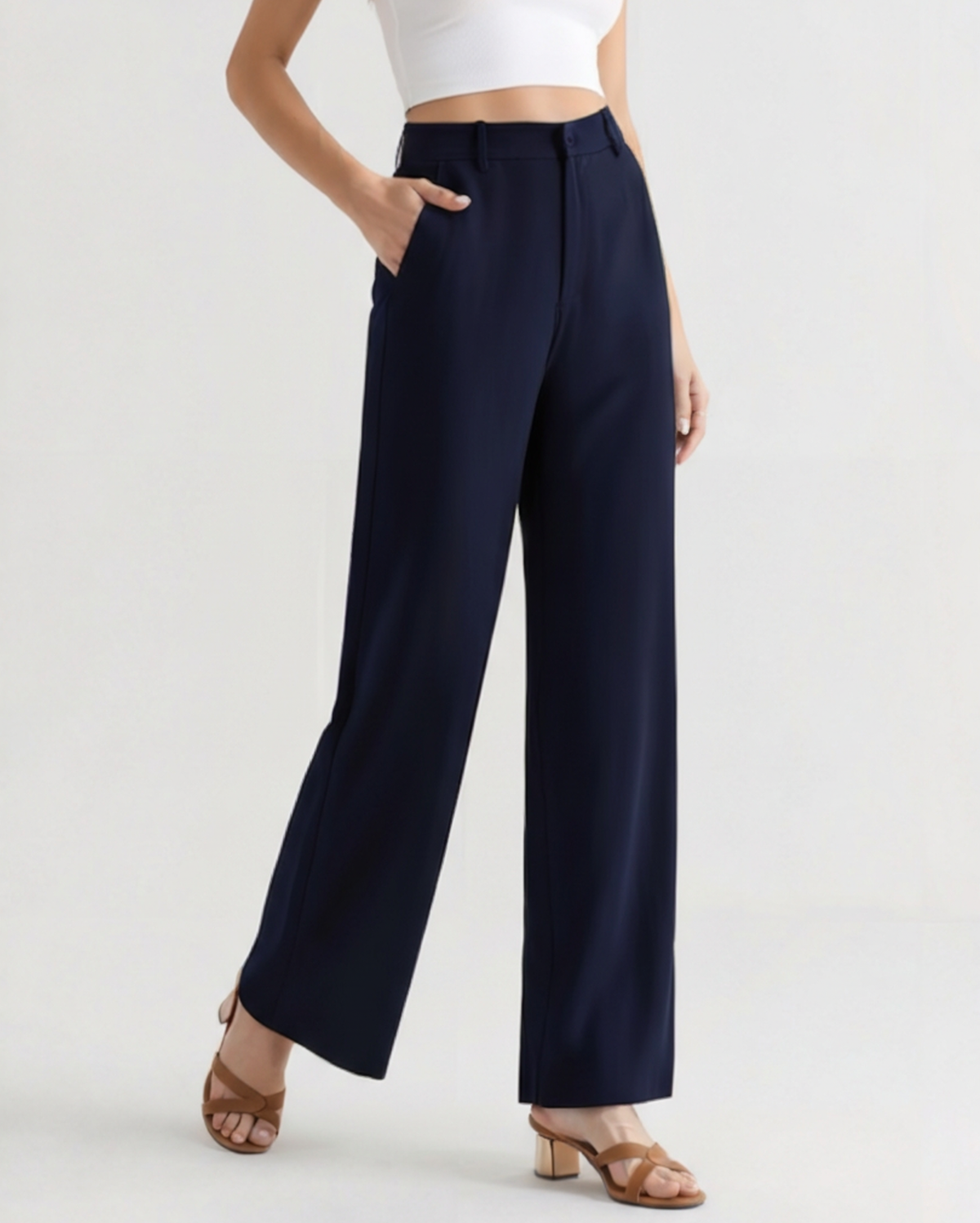 Wide Leg Tailored Trousers with Pleated Front - Navy