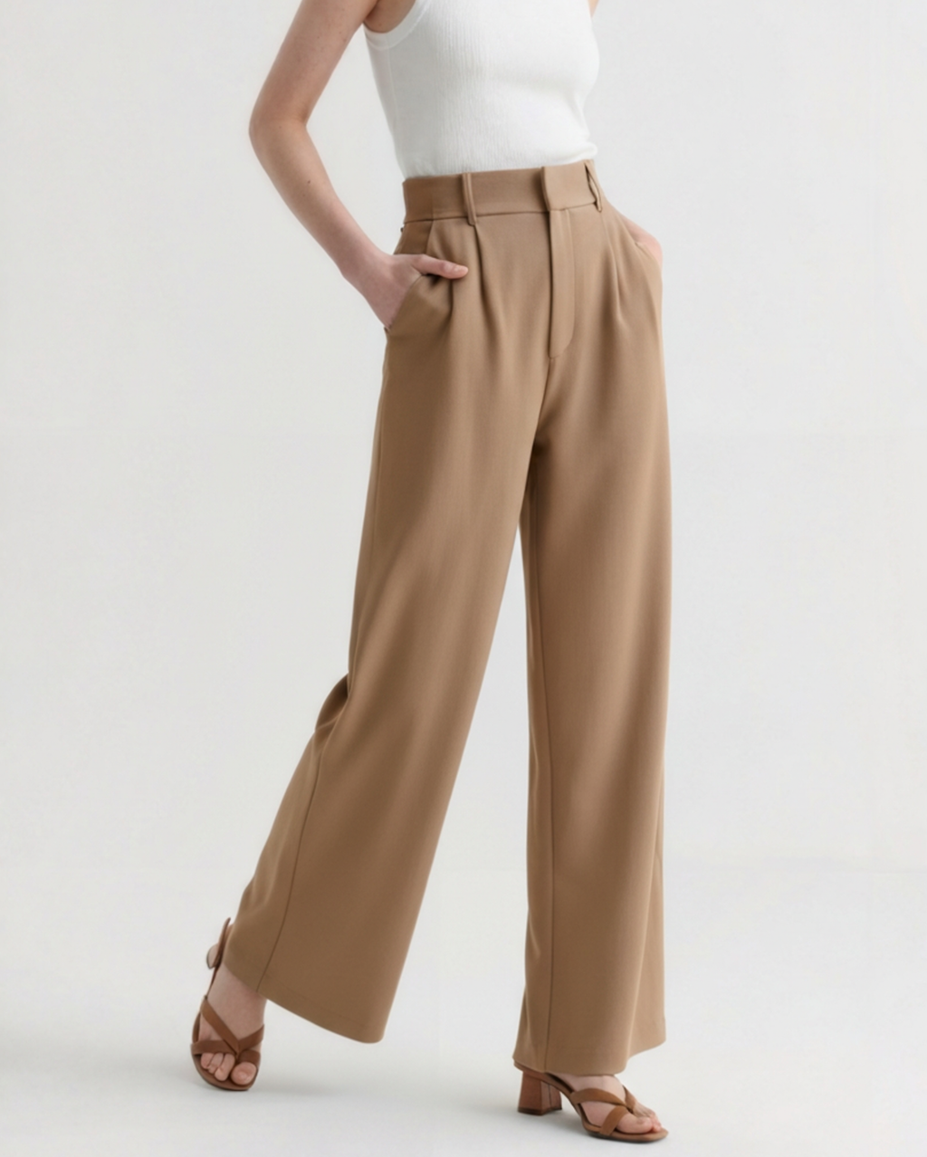 Wide Leg Tailored Trousers with Pleated Front - Brown