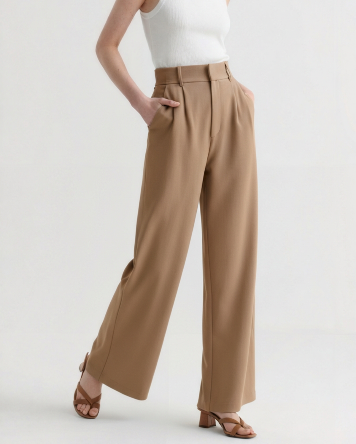 Wide Leg Tailored Trousers with Pleated Front - Brown