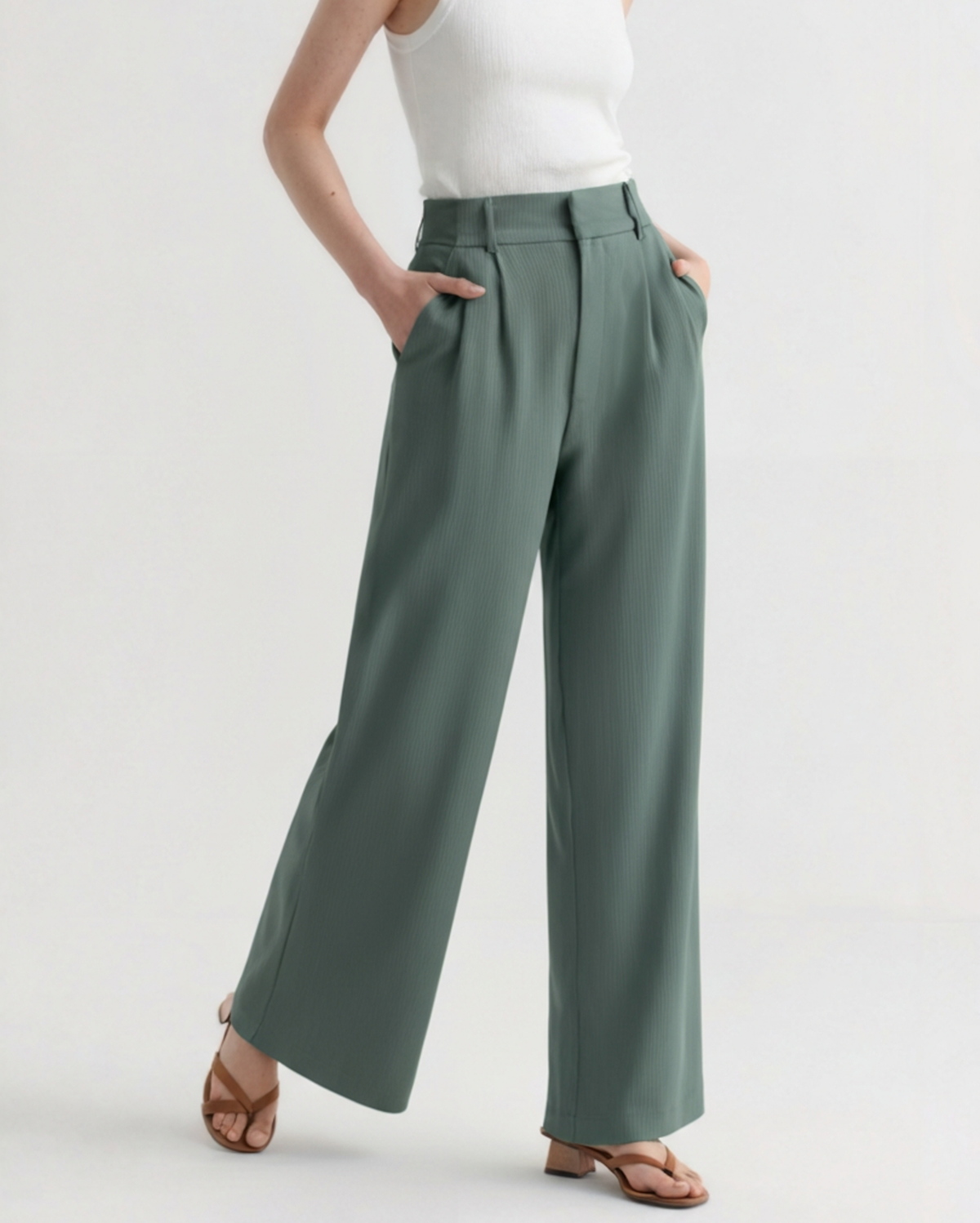 Wide Leg Tailored Trousers with Pleated Front - Green