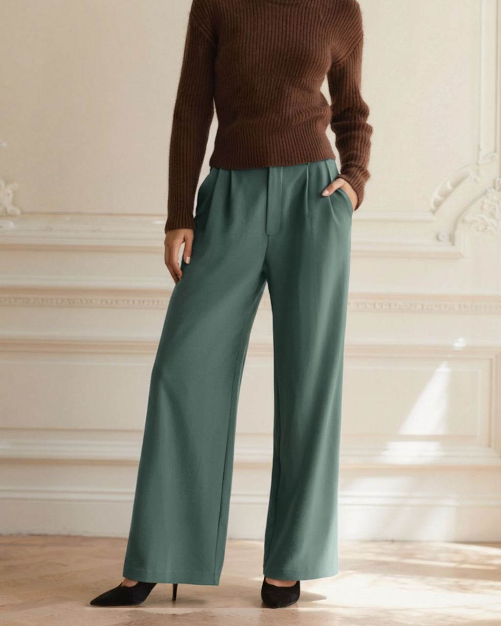 Wide Leg Tailored Trousers with Pleated Front