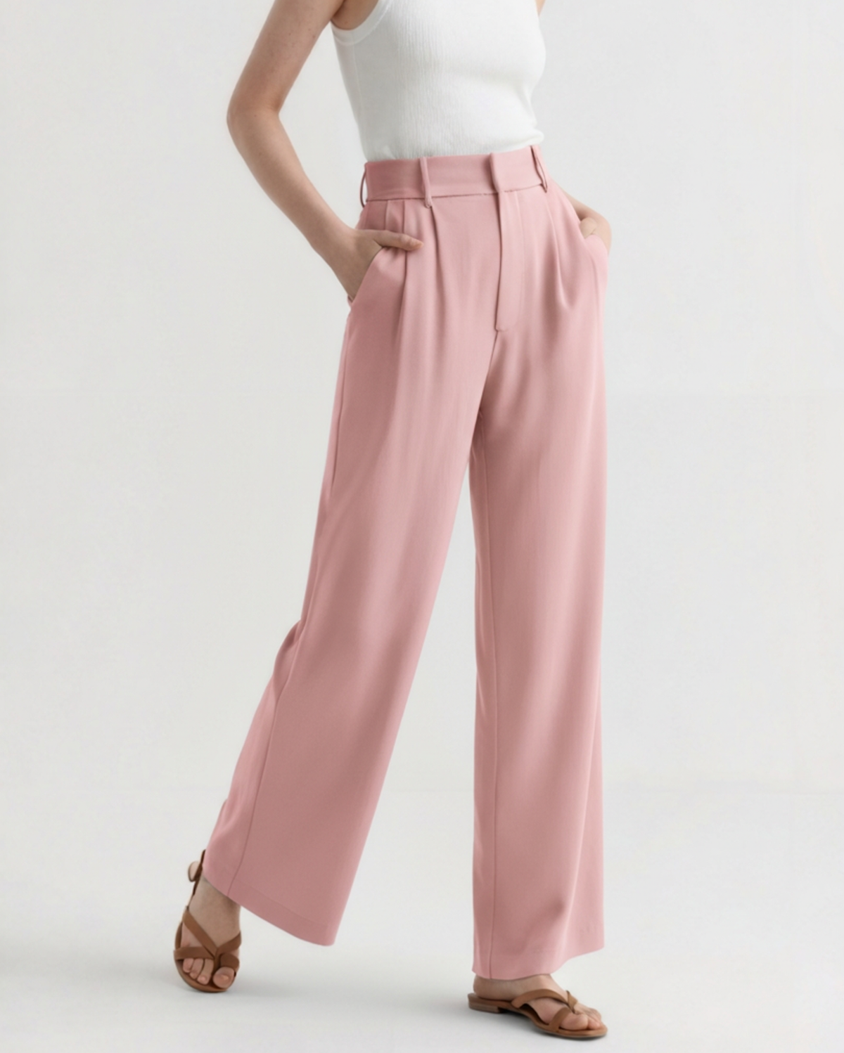 Wide Leg Tailored Trousers with Pleated Front - Pink