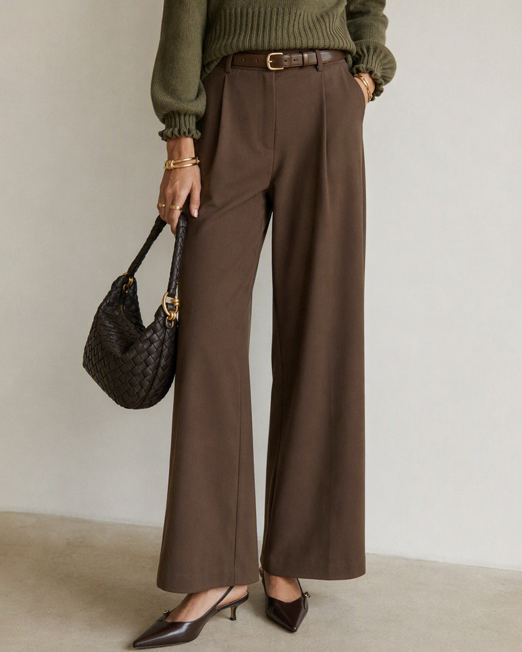 Wide Leg Trousers with High Waist and Pressed Creases - Brown