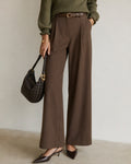 Wide Leg Trousers with High Waist and Pressed Creases - Brown