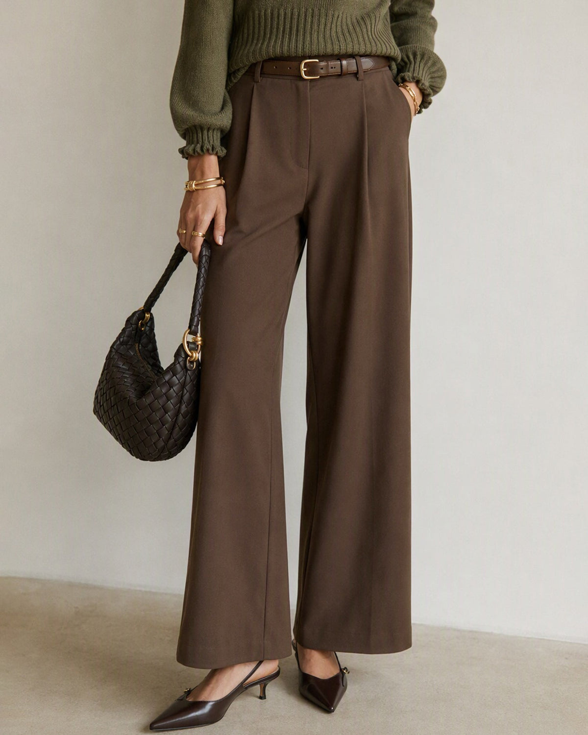 Wide Leg Trousers with High Waist and Pressed Creases - Brown