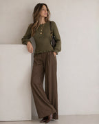 Wide Leg Trousers with High Waist and Pressed Creases - Brown