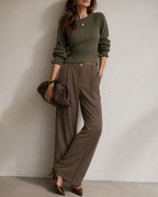 Wide Leg Trousers with High Waist and Pressed Creases - Brown