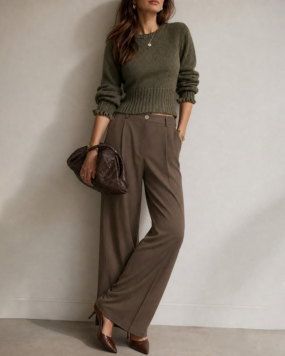 Wide Leg Trousers with High Waist and Pressed Creases - Brown