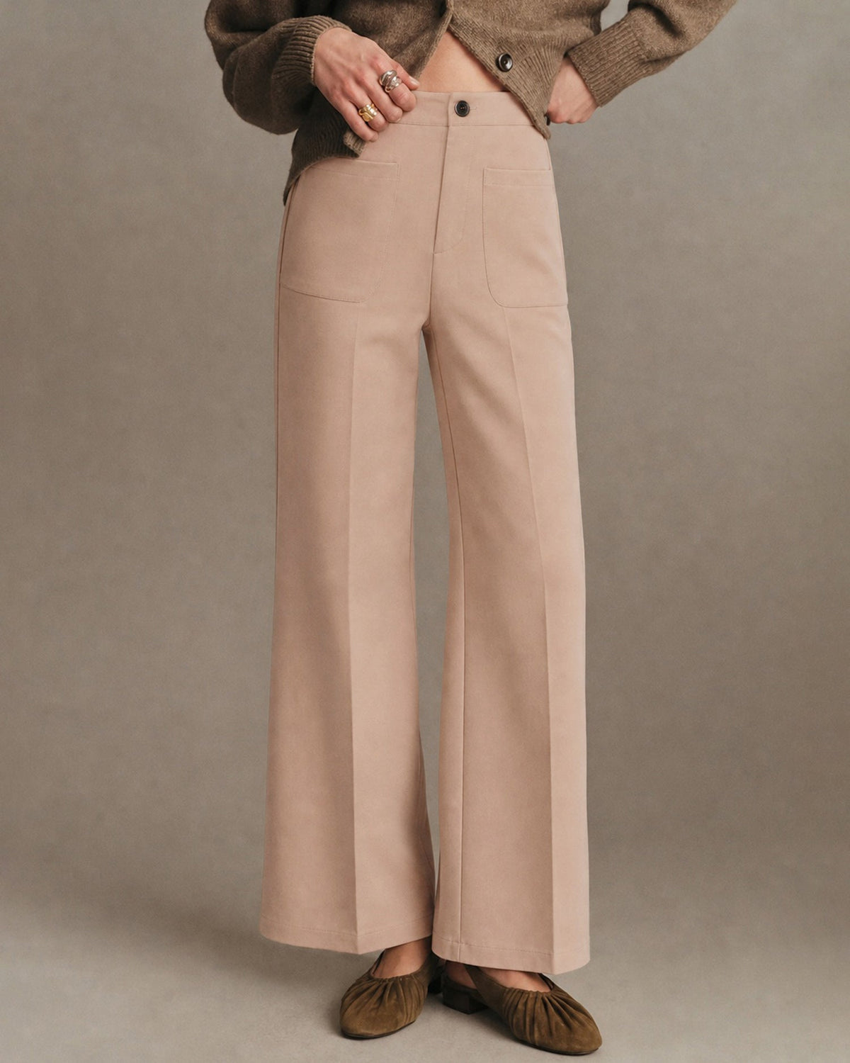 Wide Leg Trousers with Patch Pockets and Straight Hem - Khaki