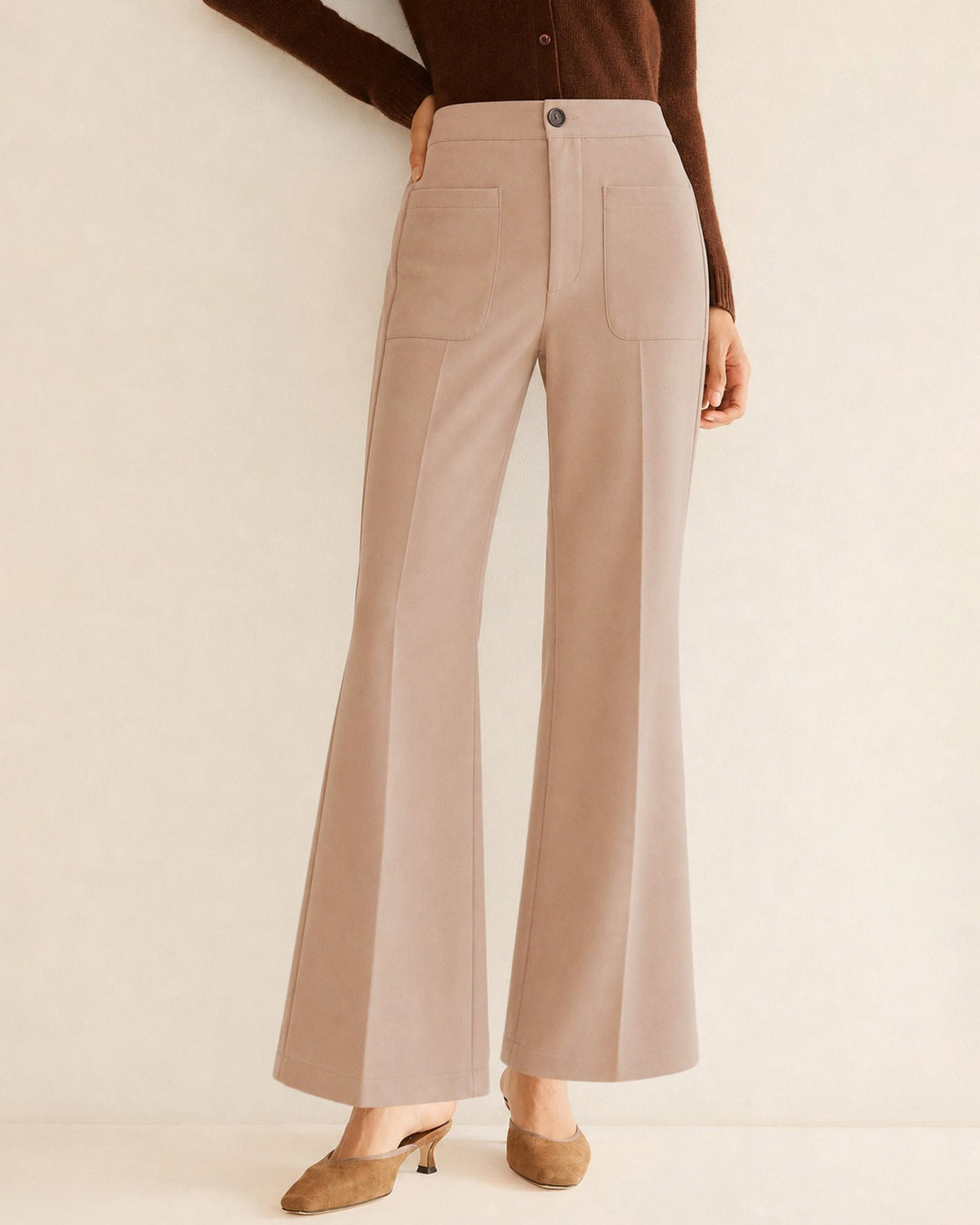 Wide Leg Trousers with Patch Pockets and Straight Hem - Khaki