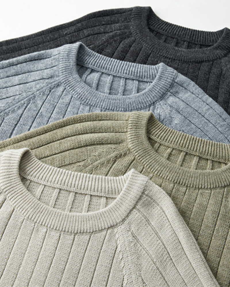 Wool Crew Neck Jumper with Ribbed Collar, Cuffs and Hem