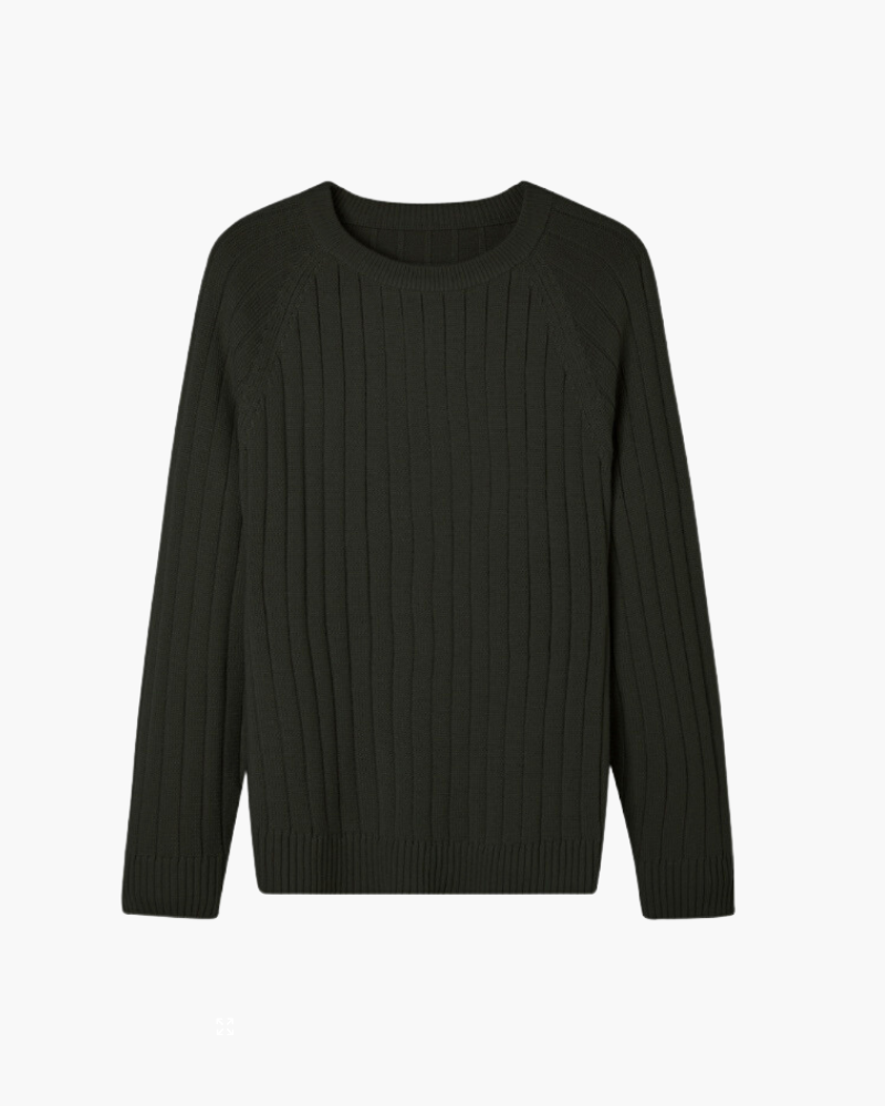 Wool Crew Neck Jumper with Ribbed Collar, Cuffs and Hem - Black