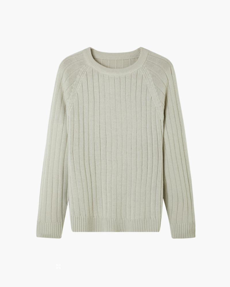 Wool Crew Neck Jumper with Ribbed Collar, Cuffs and Hem - Beige
