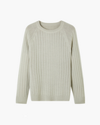 Wool Crew Neck Jumper with Ribbed Collar, Cuffs and Hem - Beige