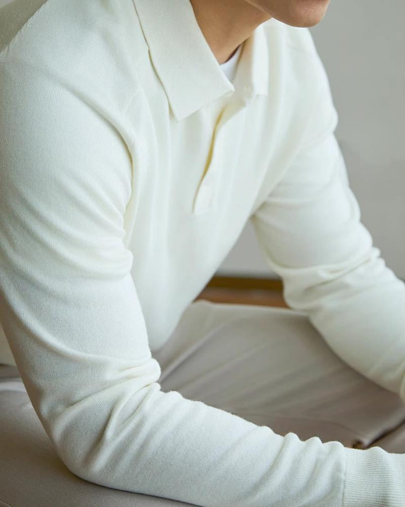Wool Knit Polo Shirt with Button Placket, Long Sleeve