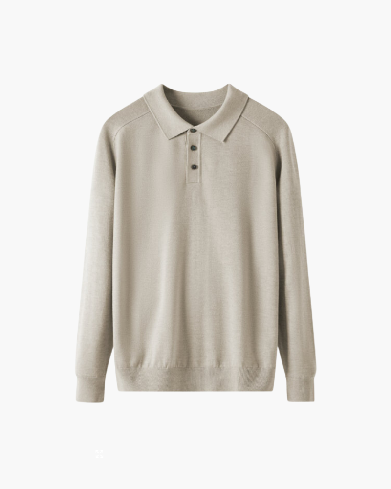 Wool Knit Polo Shirt with Button Placket, Long Sleeve - Beige