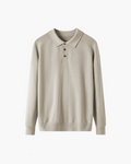 Wool Knit Polo Shirt with Button Placket, Long Sleeve - Beige