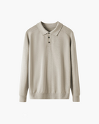 Wool Knit Polo Shirt with Button Placket, Long Sleeve - Beige