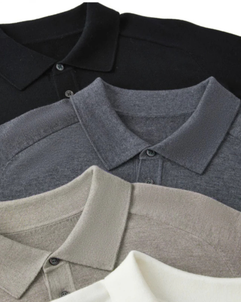 Wool Knit Polo Shirt with Button Placket, Long Sleeve