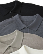 Wool Knit Polo Shirt with Button Placket, Long Sleeve