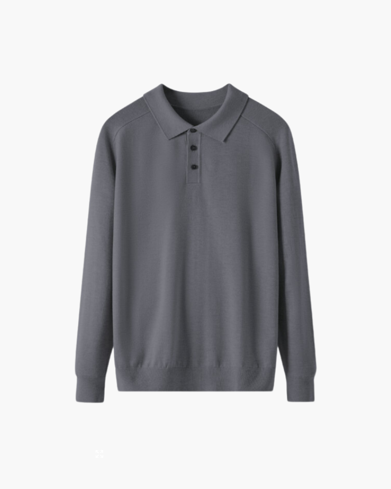 Wool Knit Polo Shirt with Button Placket, Long Sleeve - Grey