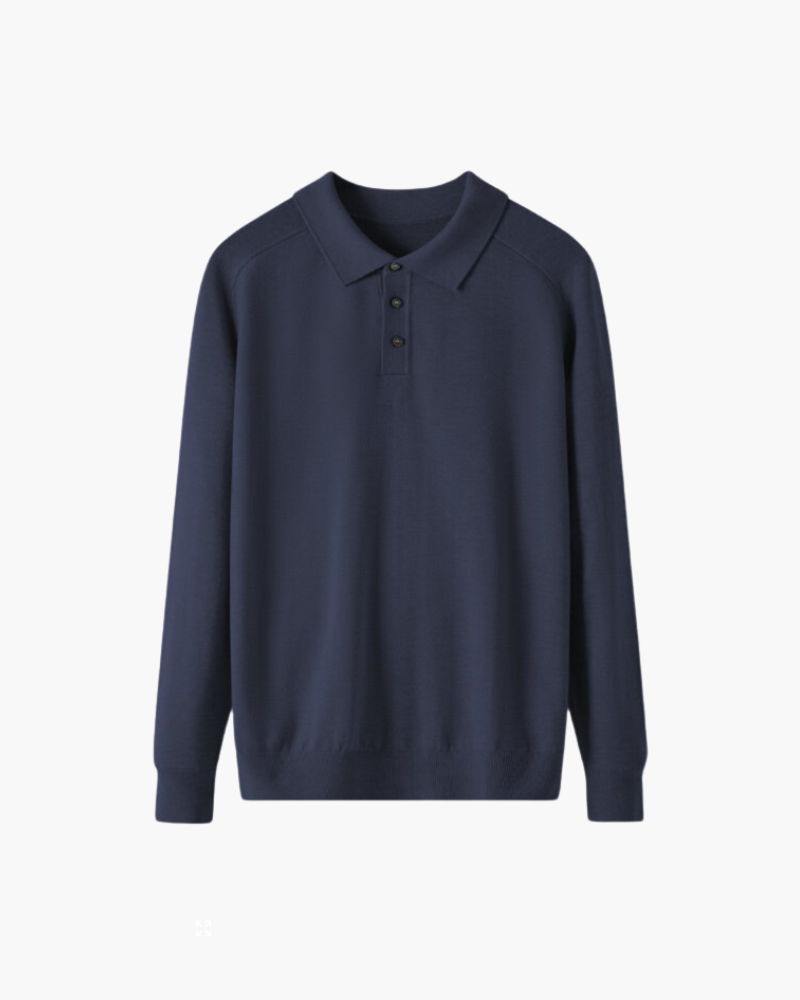 Wool Knit Polo Shirt with Button Placket, Long Sleeve - Navy