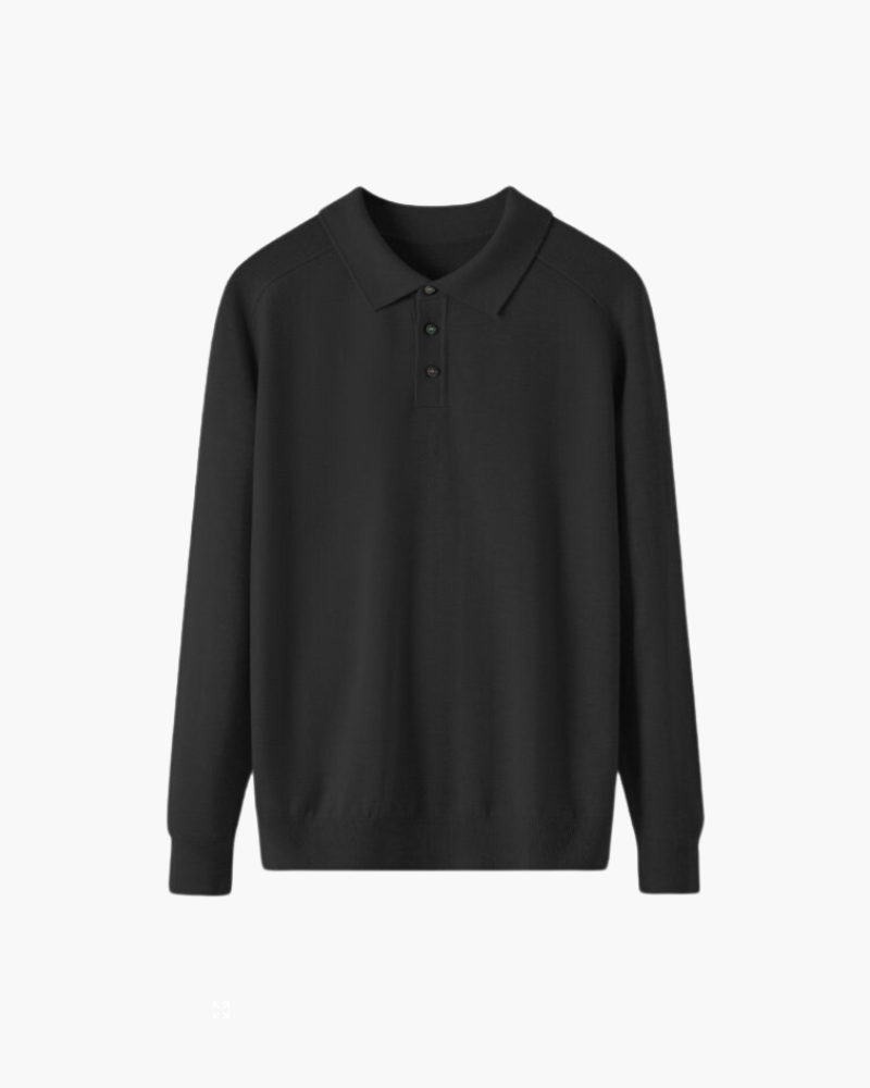 Wool Knit Polo Shirt with Button Placket, Long Sleeve - Black