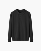 Wool Knit Polo Shirt with Button Placket, Long Sleeve - Black