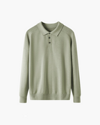 Wool Knit Polo Shirt with Button Placket, Long Sleeve - Green