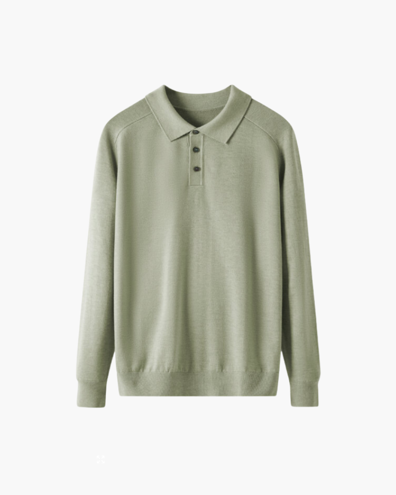 Wool Knit Polo Shirt with Button Placket, Long Sleeve - Green