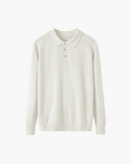 Wool Knit Polo Shirt with Button Placket, Long Sleeve - White