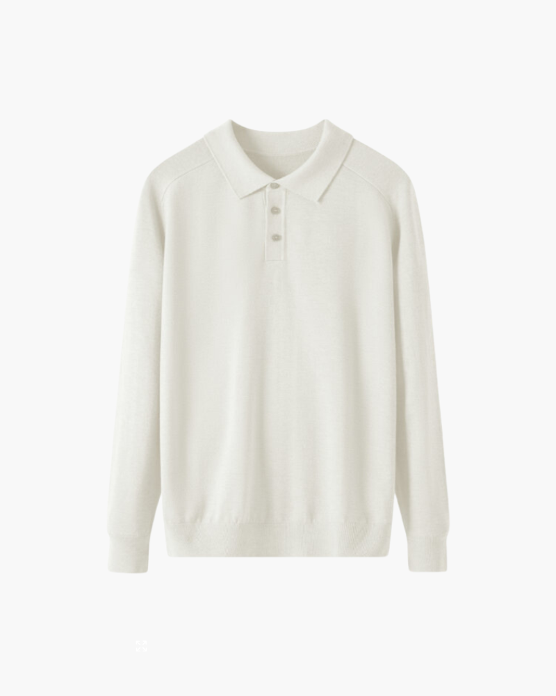 Wool Knit Polo Shirt with Button Placket, Long Sleeve - White